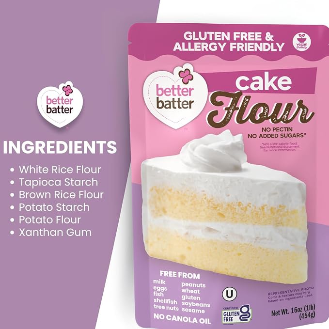 Better Batter Gluten-Free Cake Flour 1LB – Certified GF, Top 9 Allergen-Free, Vegan & Kosher Baking Mix – Premium Blend for Cakes, Quick Breads, Pancakes & Waffles – Smooth Texture, Rich Flavor, Safe for All Diets