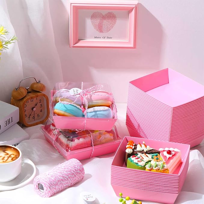 Outus 100 Pack Charcuterie Boxes with Clear Lids, Paper Dessert Boxes to Go with Gift Tags Rope Disposable Party Favor Treat Food Containers for Cookies, Donuts, Muffins, Salad, and Pastry