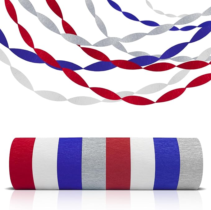 AOYOO Patriotic Crepe Paper Streamers with Tassels - 8 Rolls Red White Blue Decoration Kit for Independence Day, 4th of July, Memorial Day, USA Theme Party Supplies