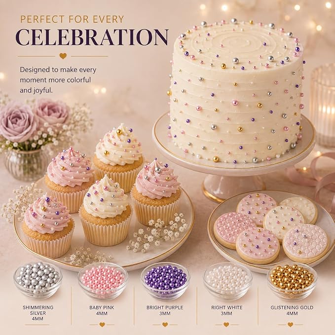 Confect Pearl Sprinkles | Sprinkles for Cakes & Cupcakes Decoration | Assorted pack of 5 Royal Unicorn | Mix Sliver, Baby Pink, Purple, White & Golden Dragees | Vegan, Gluten-Free, Nut-Free, Soy-Free, Dairy-Free, Palm Oil-Free, No Artificial Dyes - 5 Oz