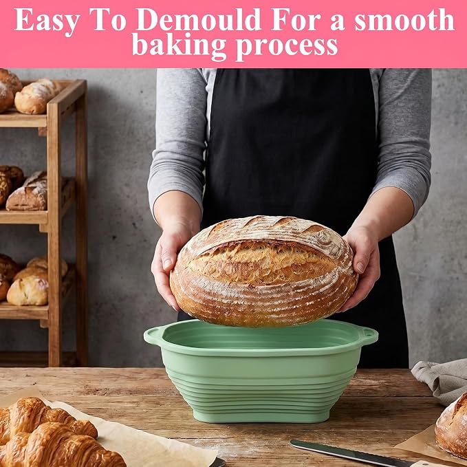 4 PCS 10 Inch Silicone Banneton Bread Proofing Baskets, Bread Proofing Bowl | Oval Sourdough Breads Baking Supplies with Double Ear Handles Foldable Oven Safe-BPA Free