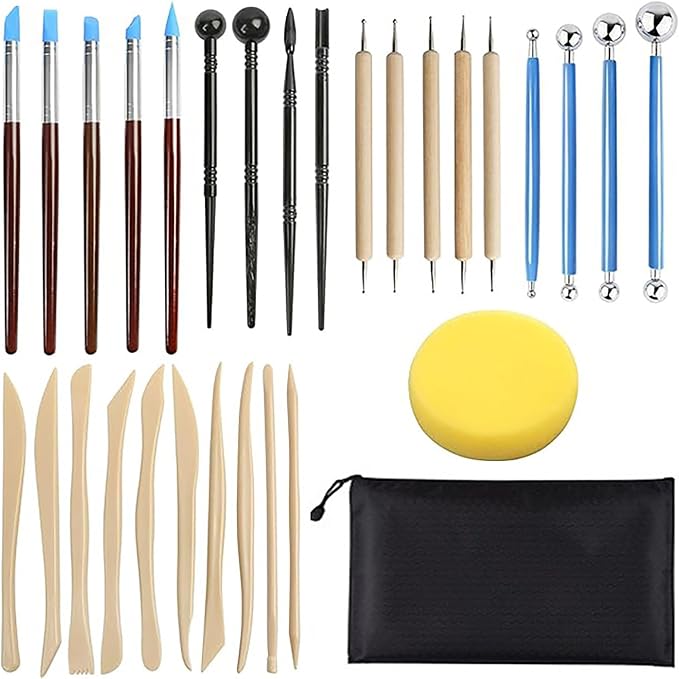 Cake Decorating Tool Set with Storage Bag, 30 Pcs Plastic and Stainless Steel Fondant Tool, Clay Sculpting Tools Kits and Pottery Sculpture Tools (30)