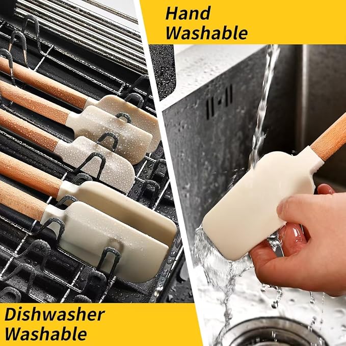 Silicone Spatula Set 5-Piece, Food Grade Heat Resistant 600°F, Wooden Handle Kitchen Utensils for Non-Stick Cookware, BPA Free Baking & Cooking Scraper Set (White)