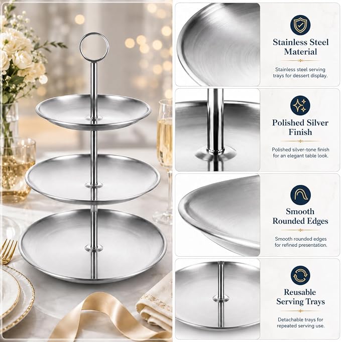 YOUNTHYE 2 Pack Silver Cupcake Stand, 3 Tier Stainless Steel Tiered Serving Tray, Dessert Display Stand for Cupcakes, Cookies, Fruit, Wedding, Birthday, Tea Party and Holiday Table