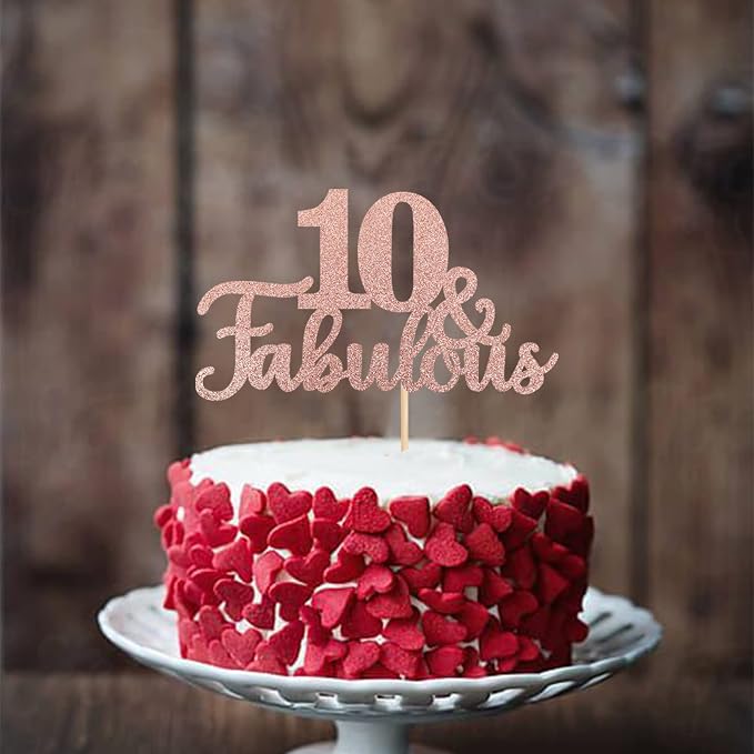 1 PCS 10 & Fabulous Cake Topper Glitter Ten and Fabulous Cake Toppers Happy 10th Birthday Cake Pick for 10th Wedding Anniversary Birthday Party Cake Decorations Supplies Rose Gold