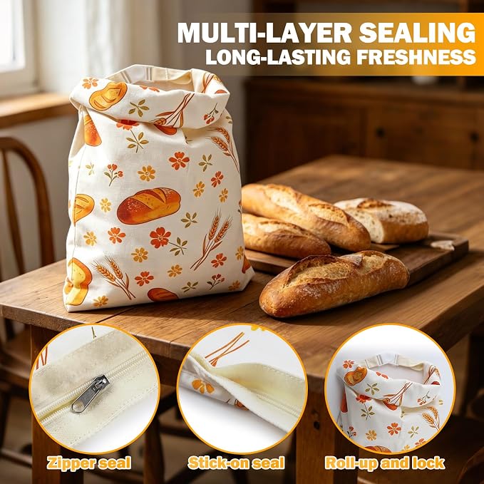 2 Pack Beeswax Bread Bags for Sourdough, 16.5x12.4 Inches Reusable Bread Storage Bags, with Zip And Velcro Fastenings Sealed for Freshness Freezer & Daily Use