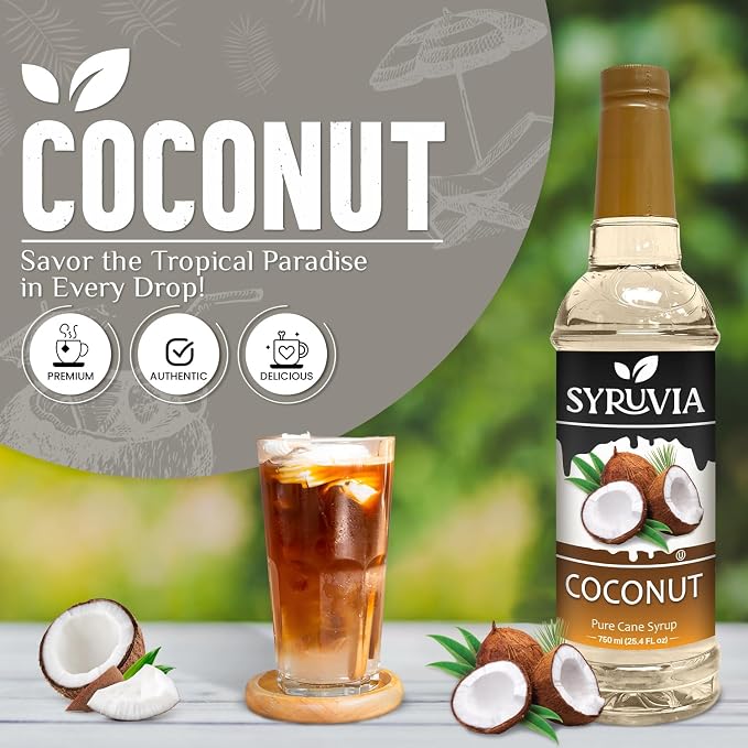 Syruvia Coconut Syrup, Flavored Syrup for Coffee, Cocktails, Drinks, and Desserts – 25.4 fl oz - with Pump