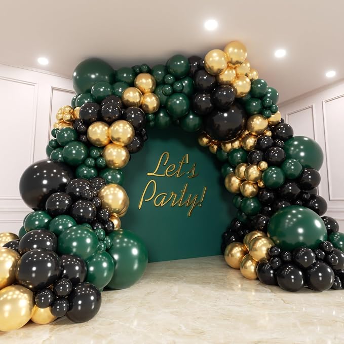 171Pcs Black Green Gold Balloons Garland Arch Kit - 18 12 10 5 Inch Different Sizes Forest Dark Green Black Gold Latex Balloon for Birthday, Anniversary, Jungle, Camo Army Party Decorations