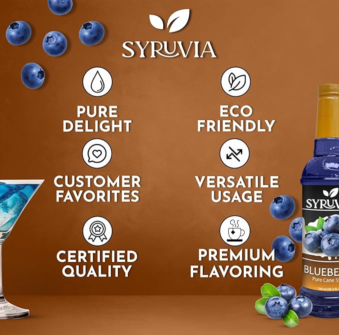Syruvia Blueberry Syrup, Flavored Syrup for Drinks, Lemonades, Iced Teas, and Desserts – 25.4 fl oz - with Pump