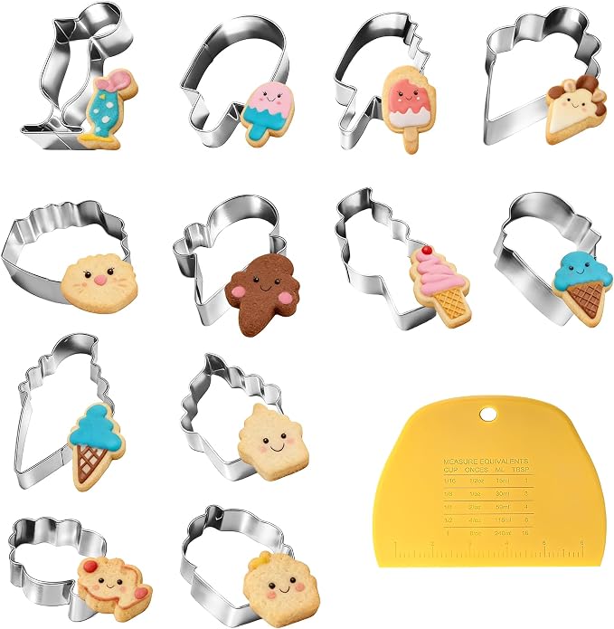 Ice Cream-Themed Cookie Cutter Set - 12Pcs Mini Cookie Cutters Variety Pack with Dough Scraper, Stainless Steel Cookie Mold for Biscuits, Fondant, Sandwiches and Pancakes