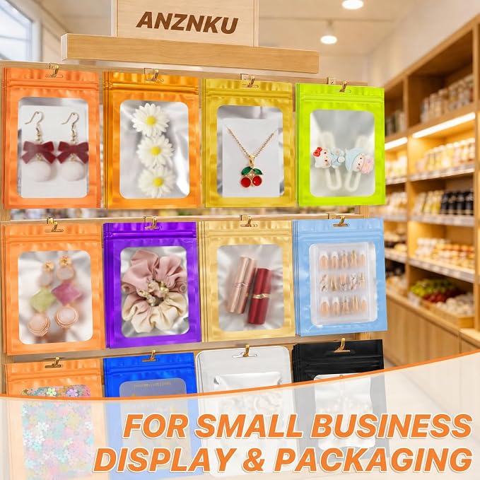 ANZNKU 100 Pack Orange Resealable Mylar Bags with Frosted Clear Window 4.72x7.87", Smell Proof Sealable Packaging Bags for Small Business, Foil Pouch Zip Goodie Bag for Candy Treat Jewelry