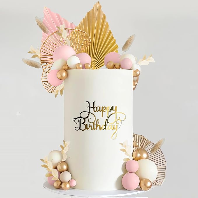 Boho Cake Topper Golden Ginkgo Leaves Cake Decorations with Paper fans White Gold Balls for Wedding Woman Birthday (Pink)