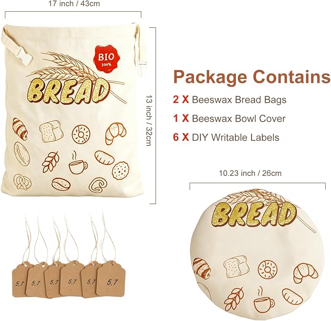 Beeswax Bread Bags for Sourdough, 2 Pack XL Reusable Cotton Linen Food Storage with Removable Beeswax Liner Includes a Proofing Cover, for Homemade Bread Bagels & Cookies 17x13 Inch to Keep Fresh
