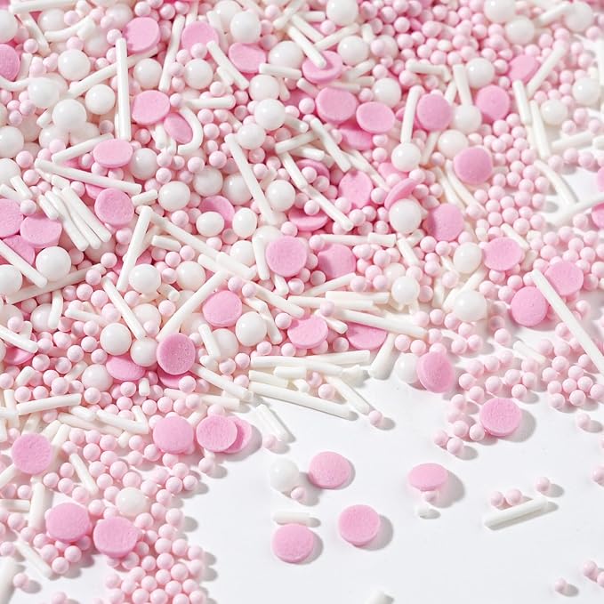 Dye Free Pink and White Sprinkles - 4.2 oz No Artificial Dyes Confetti Nonpareils Pearls Jimmies Mix for Cake Decorating, Cupcake Topper & Baking - Natural Color Pink White Sprinkle for Baby Shower Birthday