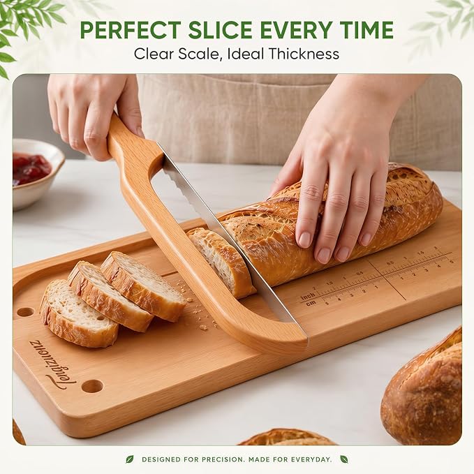 Upgraded Bread Knife and Board Set-Adjustable Thickness Bread Slicer for Homemade & Sourdough with Scale Line Serrated Stainless Steel Blade, Magnetic Storage Perfect for Artisan Bakers