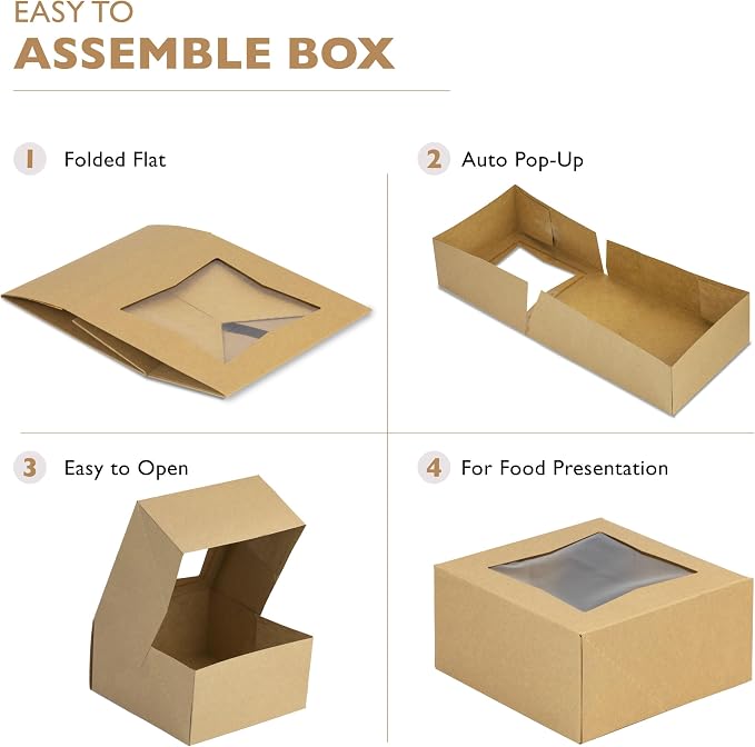 Fit Meal Prep 25 Pack Bakery Boxes with Window 6x6x3 Kraft Cake Box Cardboard Bakery Packaging for Cupcake, Cookies and Pastry, Treat Box Pie Box for Valentine's Day, Christmas