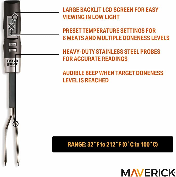 Maverick BarBFork Digital Meat Thermometer Fork, Preset Temps for 6 Meats, Backlit LCD, Beep Alert, Stainless Steel Probes, Auto-Off
