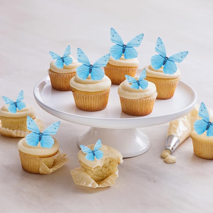 Gyufise 72Pcs Edible Butterfly Cupcake Toppers & Decorations for Butterfly Theme Baby Shower & Kids Birthday Party Cake Supplies - Blue