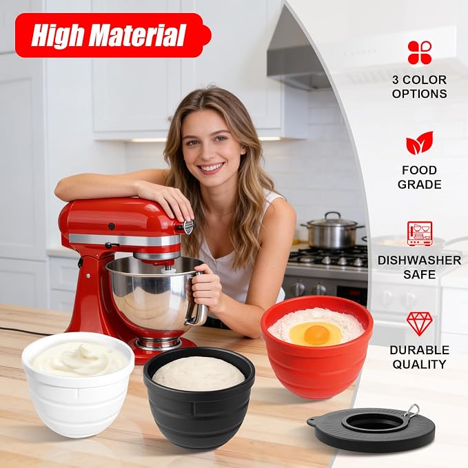 Foldable Silicone Liners for 5 Qt KitchenAid Tilt-Head Stand Mixer(Only), Odourless,Thicker, Cold/Heat-Resistant & Non-Stick, Easy Clean, Set of 3 with Lids, 1Splash-proof Bowl Lid