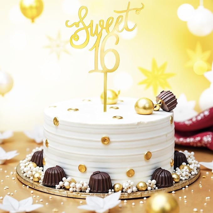 Ouligay Acrylic Sweet 16 Cake Topper Happy 16th Birthday Cake Topper Cheer to 16th Birthday Party Cake Decoration Gold