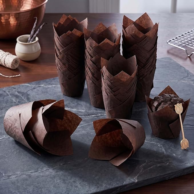 200 Pcs Brown Tulip Cupcake Liners for Baking, Standard Size | Standard Greaseproof Tulip Muffin Liners for Baking, 3oz Brown Paper Cupcake Wrappers for Party Wedding Birthday