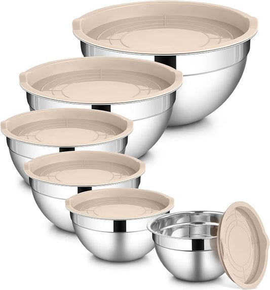 LIANYU 6 Piece Mixing Bowls with Lids Set, Size 7 & 3.5 & 2.5 & 2 & 1.5 & 1QT, Stainless Steel Cooking Serving Bowls, Metal Kitchen Nesting Bowl for Prepping & Food Storage, Dishwasher Safe, Khaki
