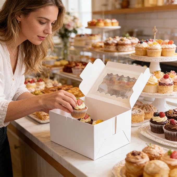 Cupcake Box Combo with Clear Window 4Sets Bento Cake Box with Cupcakes, 2 Cupcakes and 1 small Cake for Birthday Party Holiday Bakery Supplies(White/clear, 1+2/4pcs)