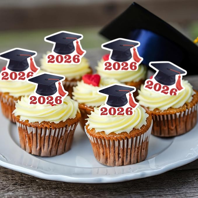 42pcs Edible Graduation Cap Cupcake Toppers Wafer Paper Red Class of 2026 Cake Decorations Edible Grad Cap Cupcake Picks for 2026 Graduation Theme Party Cake Decor Supplies