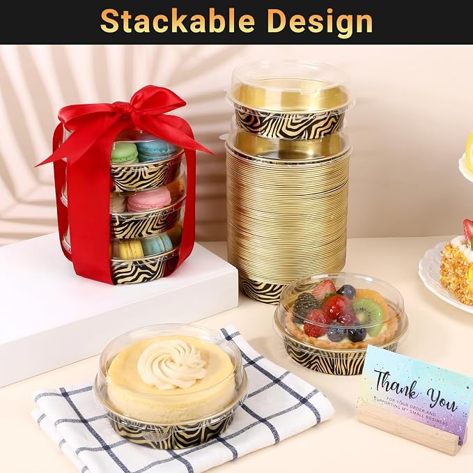 Beasea 4 Inch Pie Tins with Lids, 50 Pack 7.3 Oz Disposable Mini Tart Tins, Aluminum Foil Baking Tins Small Round Muffin Container Mini Cheesecake Cups for Pie Tart Quiche - Tiger Stripes