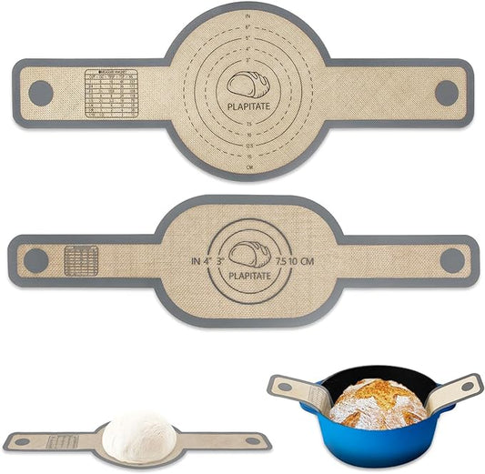 PLAPITATE Silicone Bread Sling Dutch Oven Liner, Non-Stick & Easy Clean Reusable Oval and Round Silicone Bread Baking Mat with Long Handles, Easy to Transfer Sourdough Bread - 2 Gray Set