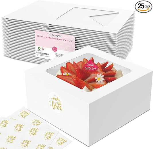 Cake Boxes 8x8x4 Inch 25 Pack with Window, 30 Bonus Sticker, Auto Popup, Extra Thick, Oil Resistant, Ideal for Cookie, Pie, Treat, Pastry, Bakery,For Home Cooker and Restaurant, White
