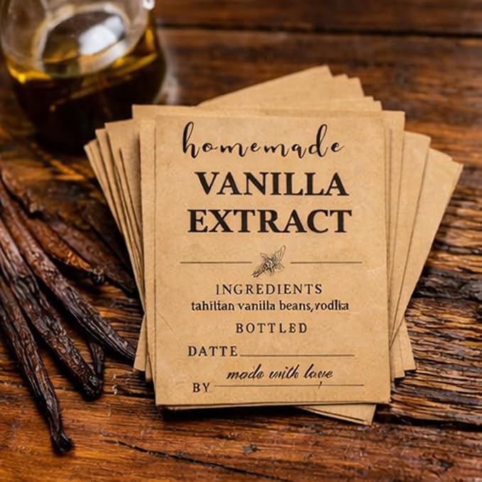 Kraft Paper Homemade Vanilla Labels Stickers, 60 Pack, 1.5×2 Inch Square, for Madagascar Vanilla Beans & Vodka Extract, DIY Vanilla Bottles, Jars & Kitchen Pantry Storage (60) (60)