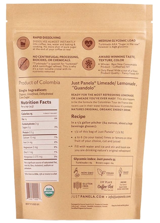 Just Panela Organic Unrefined Cane Sugar - 1 Pound, Pack of 2 - Sweeten Your Coffee with Natural Panela - Unprocessed and Handcrafted Cane Sugar with Intact Natural Minerals - Jaggery Powder