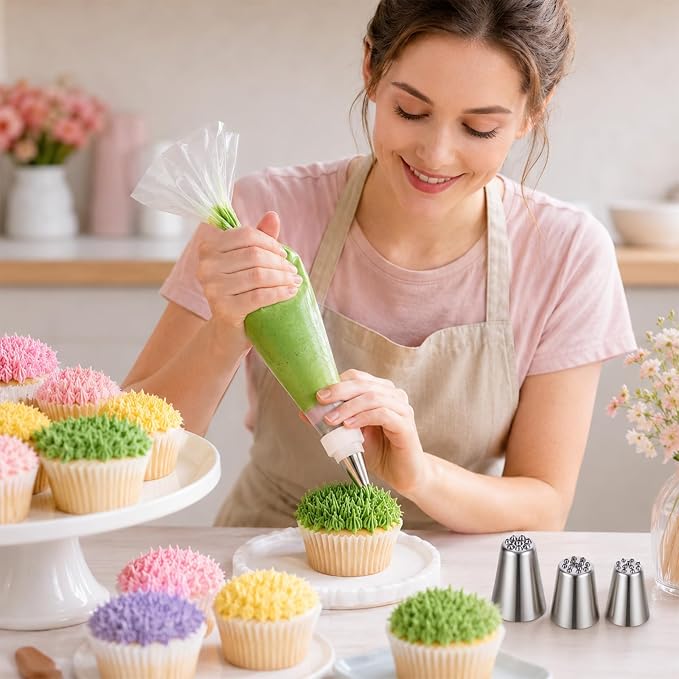 3 Pcs Grass Piping Tip for Cake Decorating Stainless Steel Frosting Icing Tip Large Icing Nozzles Tips Decoration Tool with 10 Pcs Piping Bags for Cupcakes Cookie Cake DIY Baking Buttercream Pastry