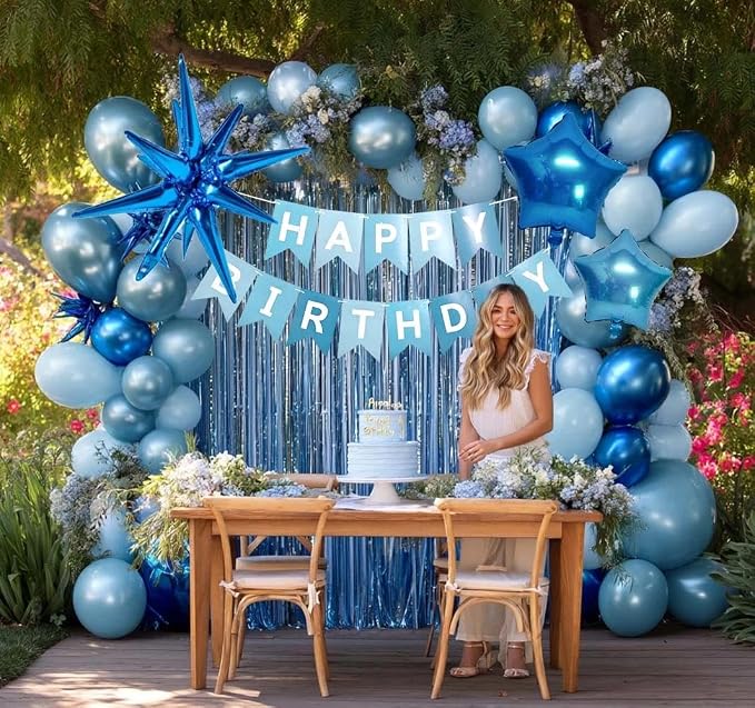 Blue Birthday Party Balloon Kit,Metallic Blue Pearl Balloons Happy Birthdays Banner Fringe Curtains Explosion Star Foil Balloon for Women Man Baby Shower Birthday Decoration