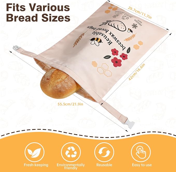 2 Pack Beeswax Bread Bags for Sourdough Homemade Bread, XL Reusable Bread Storage Bag, Organic Waxed Line and Linen Fabric Bread Bag for Home Bakers, Picnics Work or Gift-Giving