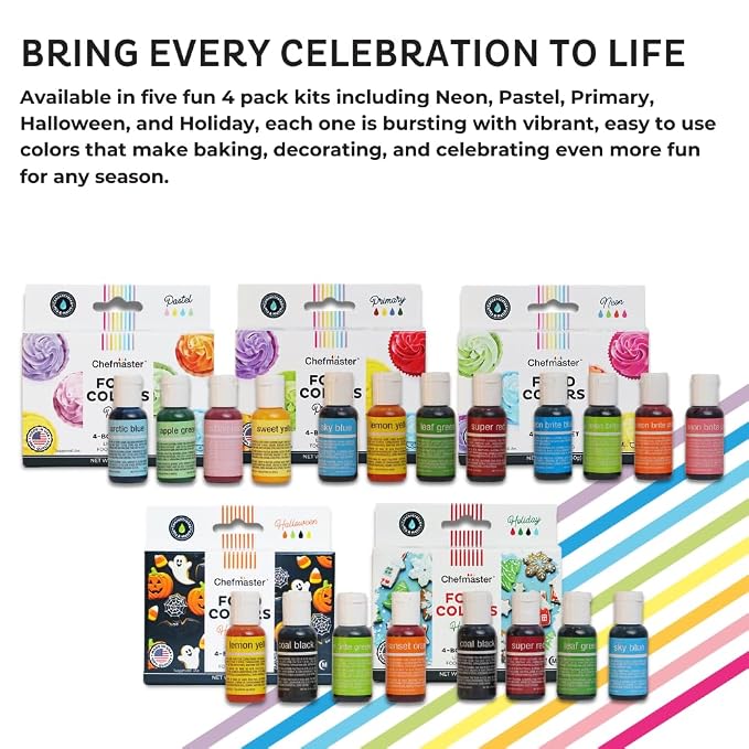 Chefmaster - Pastel Easter Colors Liqua-Gel Food Coloring Kit - Water-Based Food Coloring Gel - 4 Pack - Highly Pigmented, Create Vividly Colored Desserts, Easy-To-Blend Formula - Made in the USA