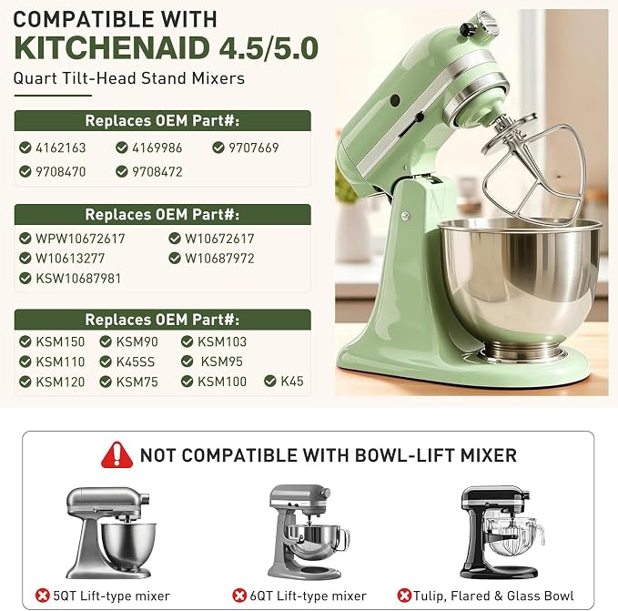 K45B Stainless Steel Flat Beater for KitchenAid Stand Mixer, Kitchen Aid Paddle Attachment Accessories, Fits 4.5-5 Quart Models, Polished, Dishwasher Safe