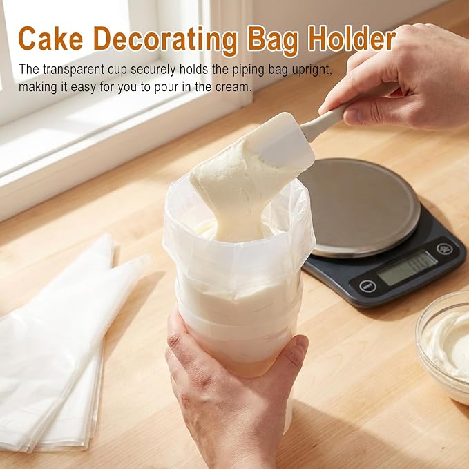 Hands-Free Piping Bag Holder Stand for Filling, Translucent Plastic Icing Bag Rack with 10 Pack Silicone Retaining Rings & Piping Tip Converter, Cake Decorating Baking Accessories