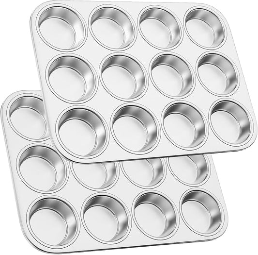 12-Cup Stainless Steel Muffin Pan, Cupcake Pan Metal Muffin Baking Tins for Oven & Dishwasher Safe, Cupcake Pans for Baking Non-toxic & Easy Clean Set of 2 ﻿