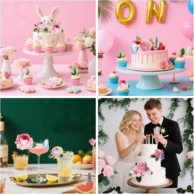 100Pcs Edible Flowers Cake Decorations - Wafer Paper Edible Flowers & Butterflies & Leaves Cupcake Toppers, Flower Cupcake Toppers for Wedding Birthday Baby Shower Party Cake Decorating