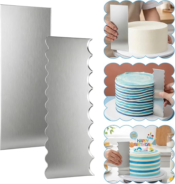 Xinjoduz 2 PCS Stainless Steel Metal Cake Scraper Smoother, 8.7" Double Sided Patterned Stripe Edge Icing Smoother Scraper Cake Decorating Supplies for Frosting Butter Mousse Cream Decoration