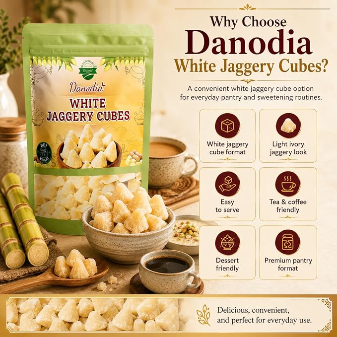 Danodia Foods Organic White Jaggery Cubes, Cane Gur Sweetener, 1 lb Pack | Jaggery gur pieces for chai, coffee, desserts and cooking; Gluten-Free, Vegan; traditional Indian cane sweetener; pantry use