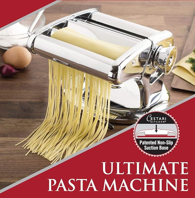 Cestari Ultimate Pasta Machine - Unique Patented Suction Base for No-Slip Use of Stainless Steel Pasta Roller Machine - 150 mm - Includes Pasta Cutter, Hand Crank, and Recipes