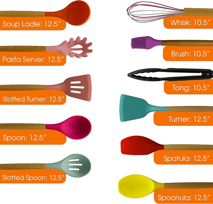 Cheer Collection 12 Piece Silicone Spatula Set with Wooden Handles - Non-Stick Silicone Utensils for Cooking, Multicolor