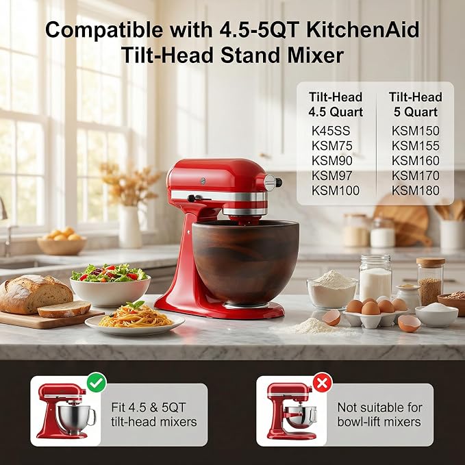 GVODE Premium Wooden Bowl for KitchenAid Mixer, Perfect Compatible with 4.5-5 Quart Tilt-Head Models (K45 KSM75 KSM150 KSM175), Natural Handcrafted Wooden Bowl with Stainless Steel Locking Base