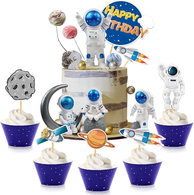 Astronaut Figurines Space Cake Toppers Astronaut Planet Rocket Satellite and Star Space DIY Cake Toppers for Space Theme Party Birthday Party Baby Shower Supplies (Blue)