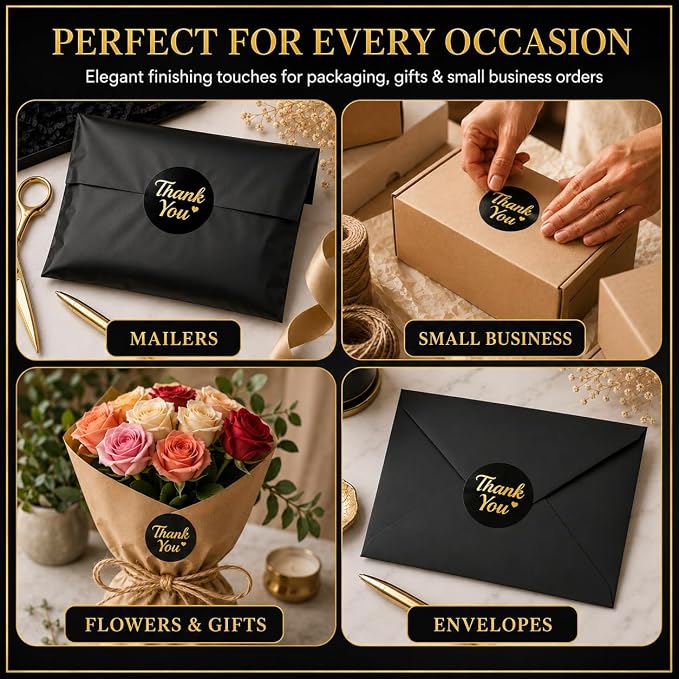500 Thank You Stickers Roll – 1.5 Inch Black and Gold Foil Round Labels – Elegant Thank You Stickers Small Business Packaging, Envelopes, Gift Bags, Orders, Party Favors, Crafts