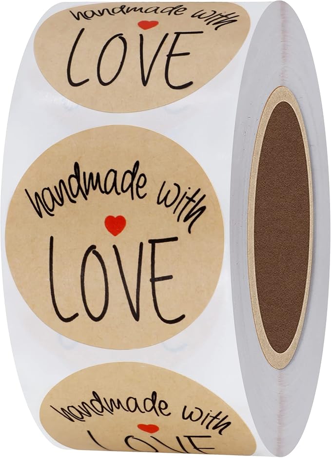 Hybsk 500pcs 1.5 Inch Kraft Handmade with Love Stickers with Red Heart for Small Business Baked Packaging (Type 1)