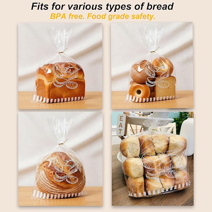 Reusable Plastic Bread Bags for Homemade Bread - 11‘'x14'' Clear Bakery Bag with Twist Tie Closure Reduces Moisture,Cello Pastry Storage for Sourdough, Artisan Loaves, Bagels or Buns